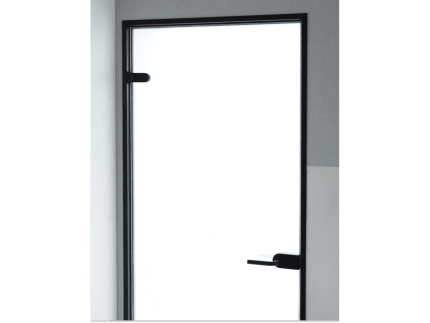 Распашная стеклянная дверь с черным профилем фото