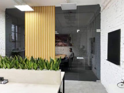 Стеклянная офисная перегородка с маятниковой дверью фото